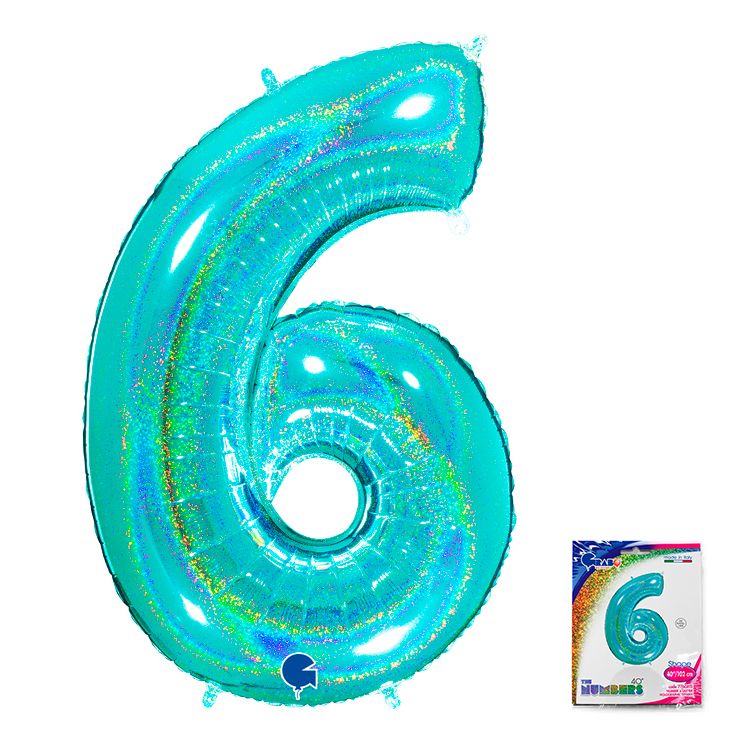 Шар фольга Цифра 40''/GR Бирюза Тифани голография "6"