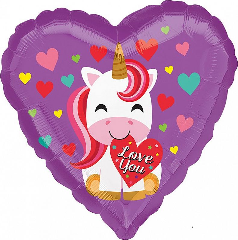 Шар фольга 18''/An сердце LOVE YOU Единорог с сердцем