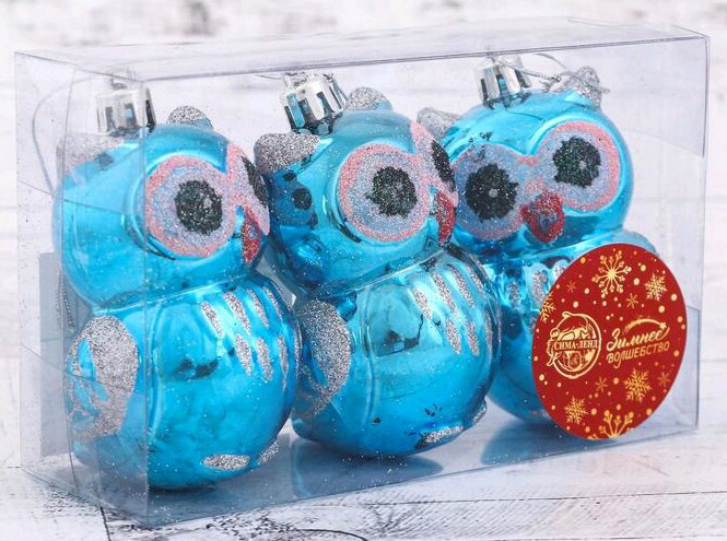 Игрушки на елку фигура Пучеглазая сова набор 6х8см синий (уп3)