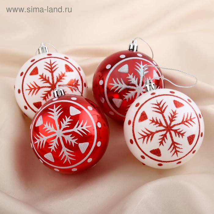 Игрушки на елку Шары   8см Снежинка красно-белый (уп4)