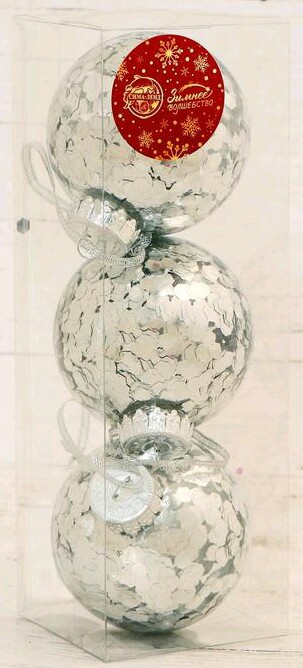 Игрушки на елку Шары   8см Праздничное настроение круги серебро (уп3)