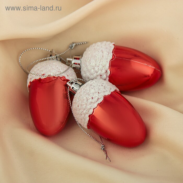 Игрушки на елку фигура Желудь со снежной шапочкой 5,5х4см красный (уп3)