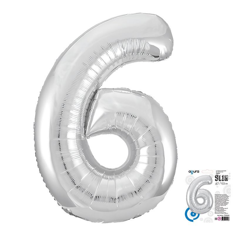 Шар фольга Цифра 40''/AG Slim Серебро Silver "6"
