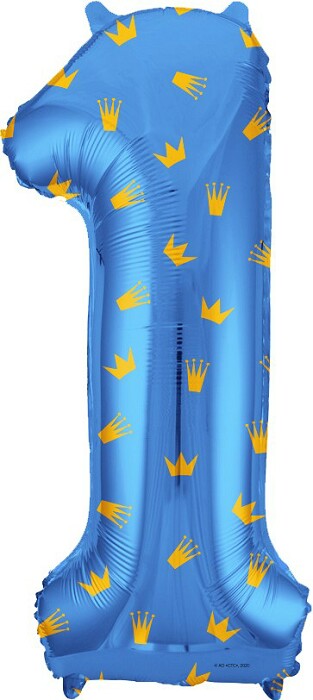 Шар фольга Цифра 34''/FL Золотые короны Голубой "1" упак