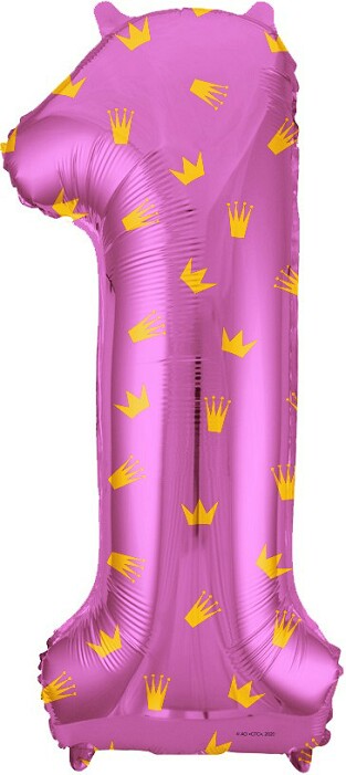 Шар фольга Цифра 34''/FL Золотые короны Розовый "1" упак