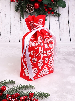 Мешок для подарков 36х24х12см У Новогодней елки красный