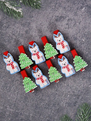 Прищепки дерево декор Медвежонок и елка 3,5см (уп10)