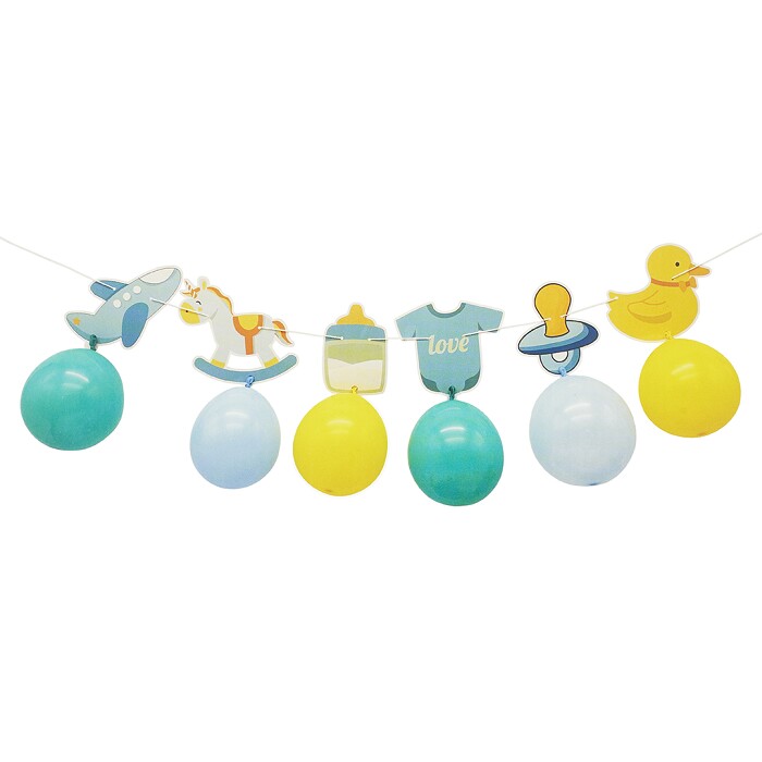 Гирлянда Рождение Мальчика с воздушными шарами Голубой микс 100см