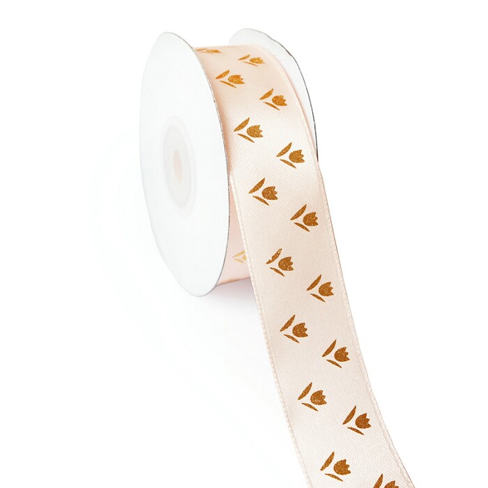Лента Атлас с рисунком с цветами Светло-персиковый 25 ммх22,85 м