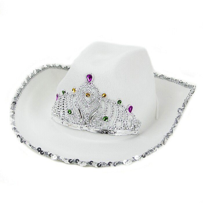 Шляпа фетр Кантри Гламур с пайетками и короной Белый