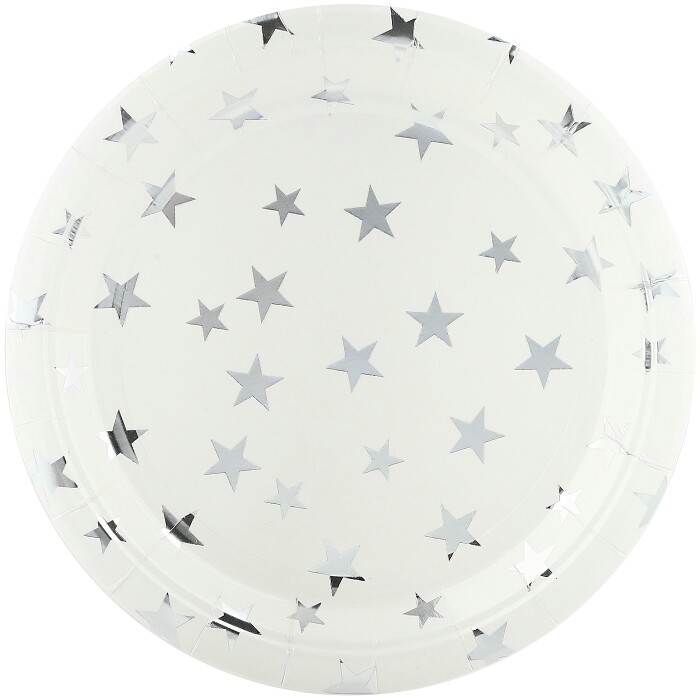 Тарелки бумажные 180мм Серебристые звезды белый серебро металлик (уп6) ВВ