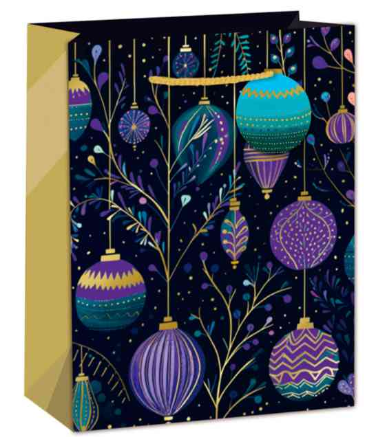 Пакет бумажный XL 31х42см С Новым годом! Новогодние игрушки Сиренево-бирюзовый стиль