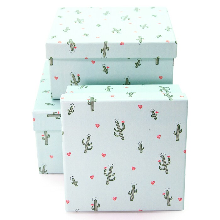 Коробка Квадрат 17х17х9см Конфетти сердец и кактусы Мятный