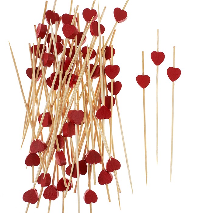 Пики Топперы Сердечки дерево Красный 12см уп50