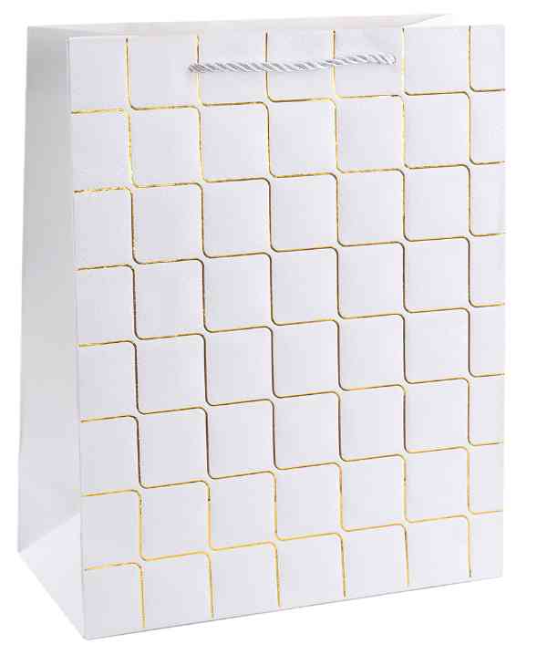Пакет бумажный L 26х32см Золотые квадраты Дизайн №3 Белый