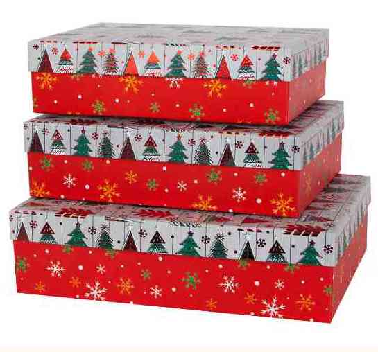 НГ Коробка прямоугольник 29х21х8см Новогодние елочки Мультиколор Металлик