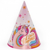 Колпаки бумага С Днем Рождения Единорог Розовый уп6