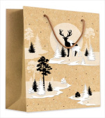 Пакет крафт новогодний 23х18х10см M Новогодний пейзаж Олени в лесу