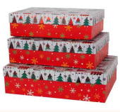 НГ Коробка прямоугольник 29х21х8см Новогодние елочки Мультиколор Металлик